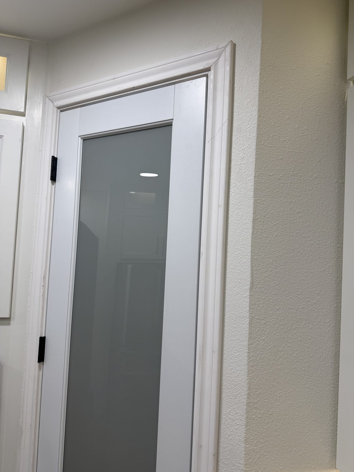 Frosted-glass pantry door with new trim in a kitchen remodel in Murphy, TX